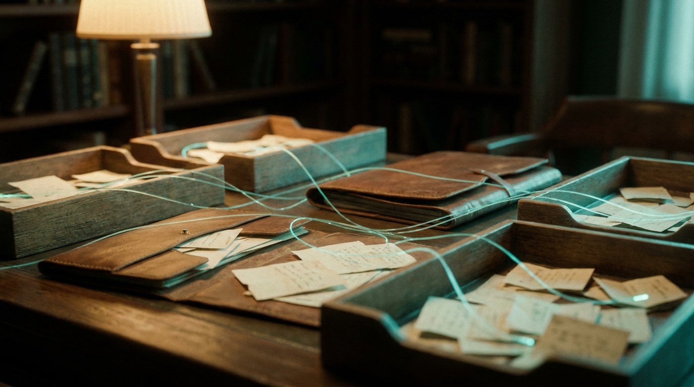 Wenige Holzfächer auf dem Schreibtisch, Fragmente einsortiert, erste Teal-Fäden verbinden sie