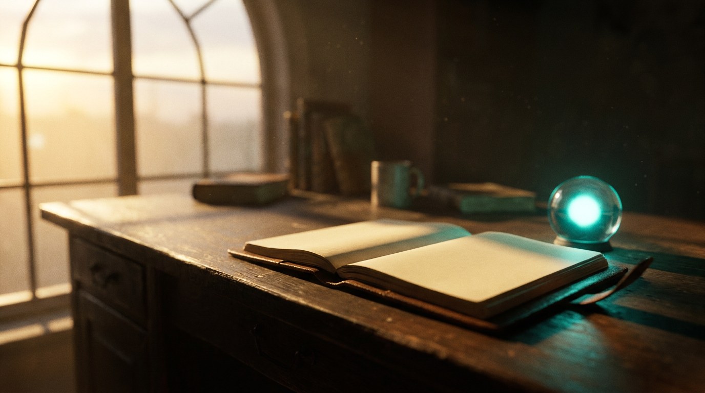 Ein fast leerer Schreibtisch mit einem einzelnen leuchtenden Knoten und einem offenen Notizbuch im Morgenlicht