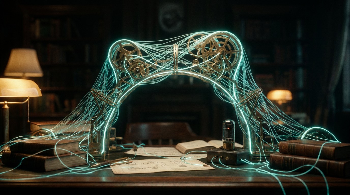 Ein dichtes, voll erleuchtetes Teal-Netz mit feinen Fäden und kleinen Zahnrädern, eine Brücke