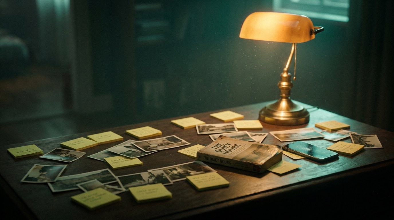 Verstreute Notizzettel, Fotos und ein Buch auf einem dunklen Schreibtisch im warmen Lampenlicht