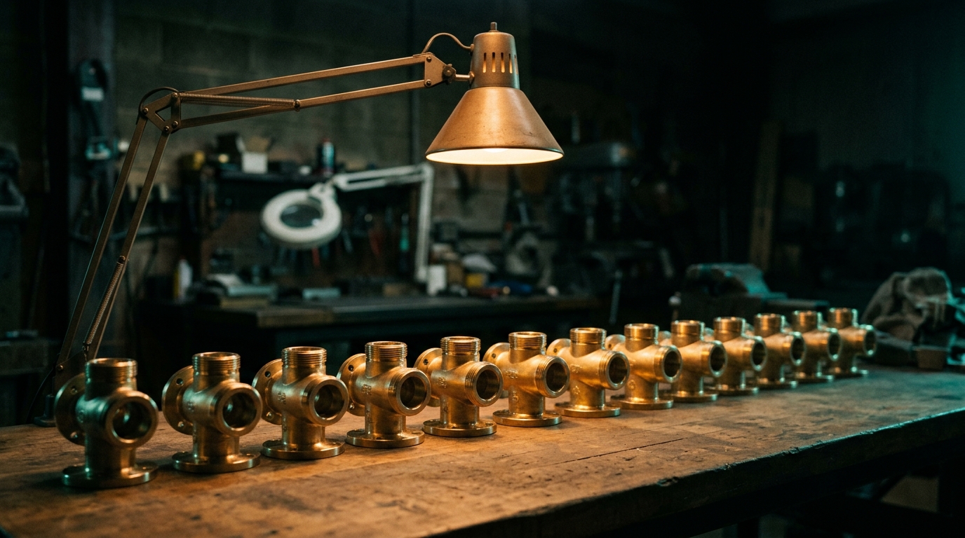 Step-Header: fertige, makellose Gussstücke aufgereiht unter der Werkstattlampe