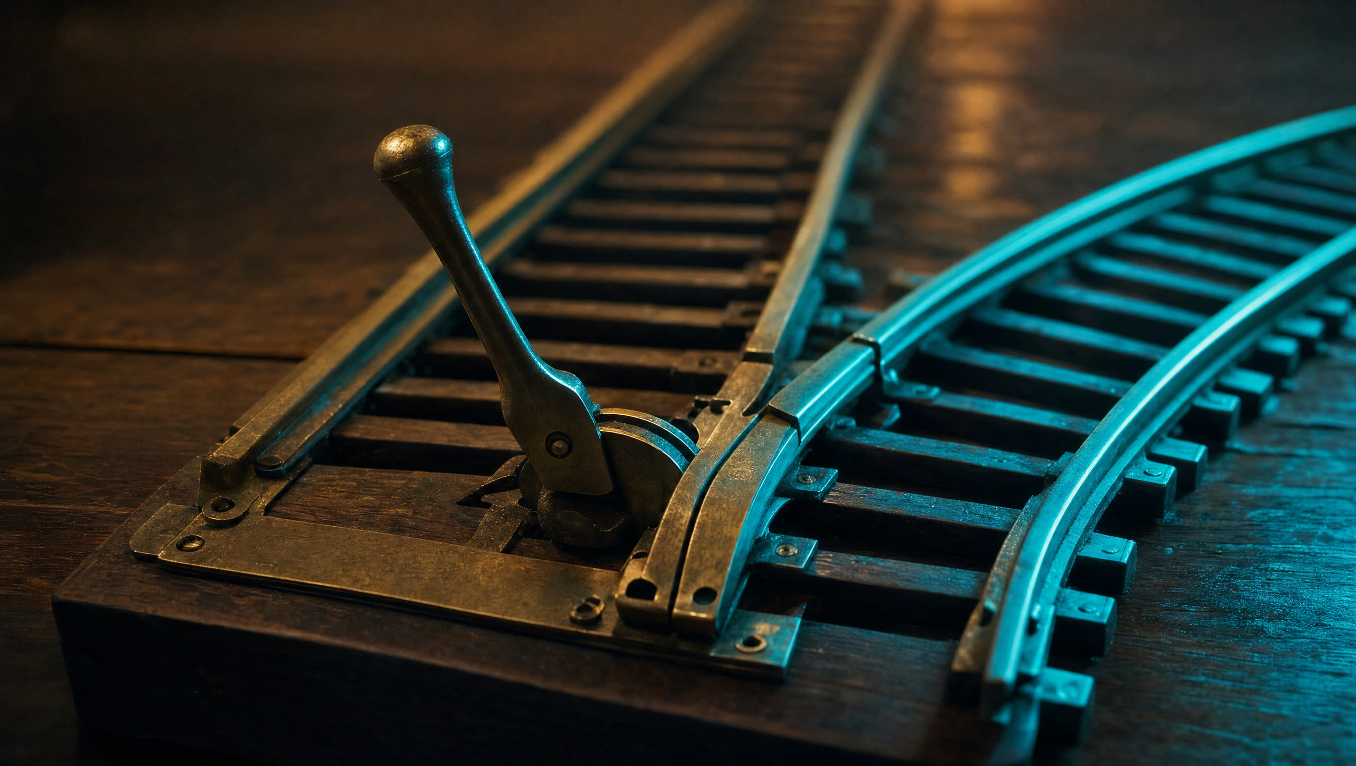 Messing-Weiche einer Modellbahn auf dunklem Holz, ein Gleis teal beleuchtet
