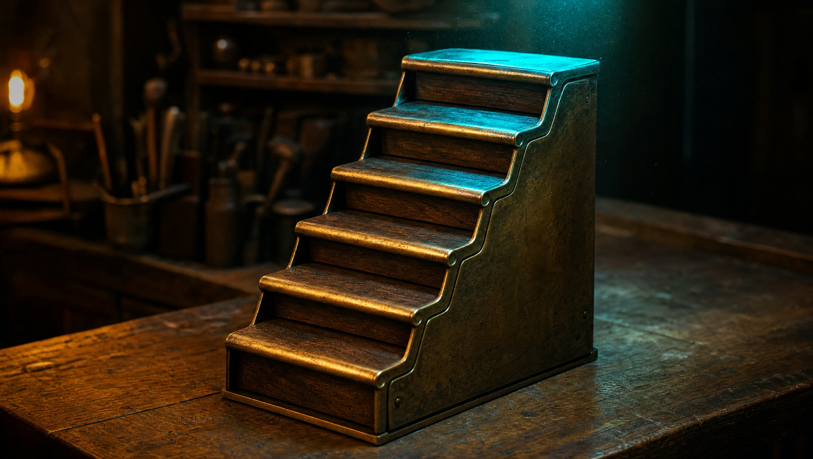 Sechsstufige Messingtreppe in einer dunklen Werkstatt, die oberste Stufe teal beleuchtet