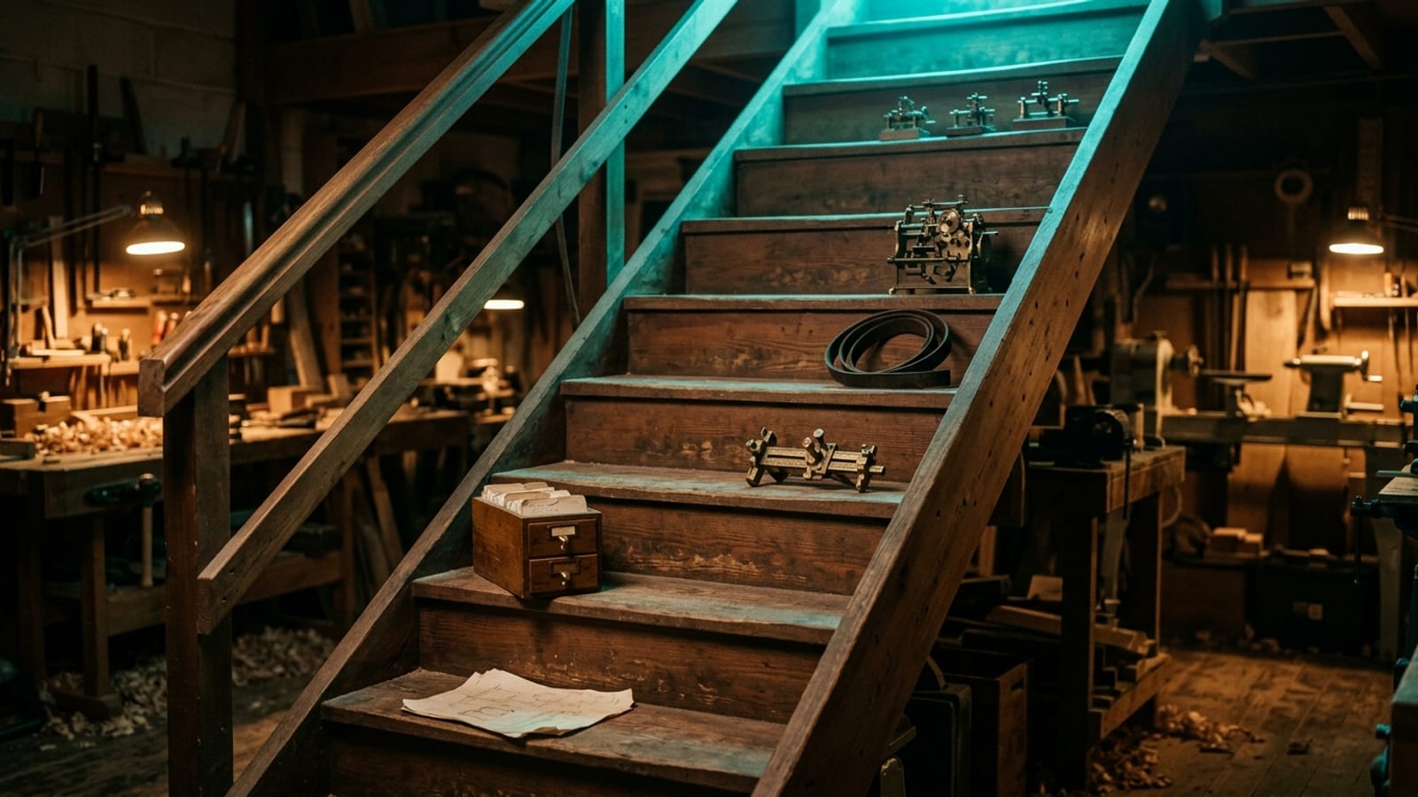 Eine Holztreppe mit sechs Stufen in einer Werkstatt, auf jeder Stufe ein anderes Werkstück, die oberste im Teal-Licht