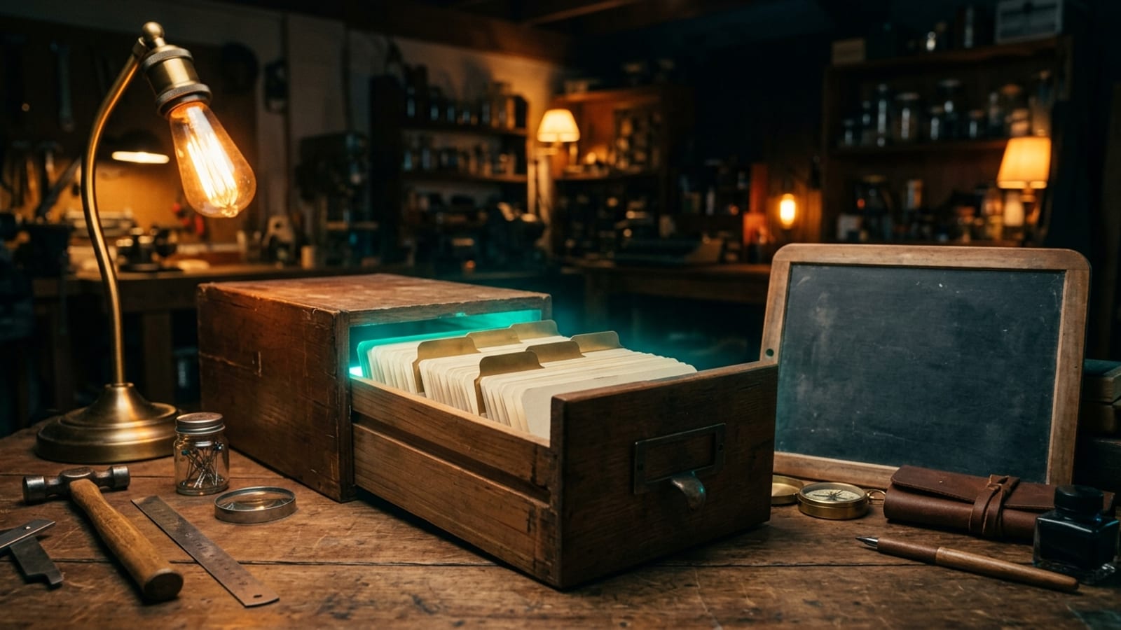 Ein offener Karteikasten aus Holz auf der Werkbank, die Karten darin leuchten von innen in Teal