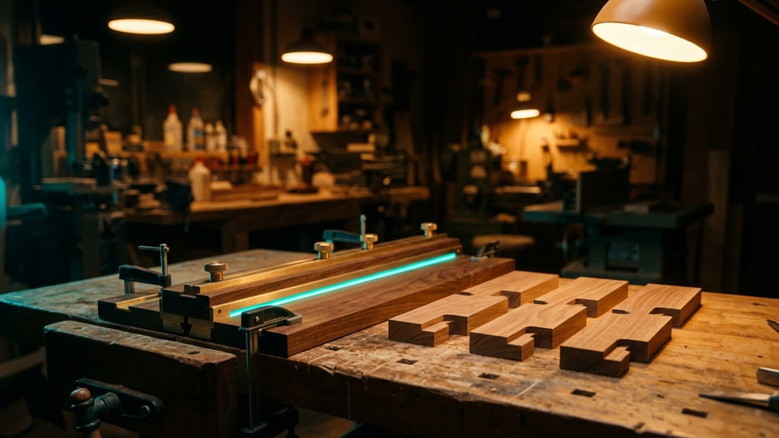 Eine Holzschablone an die Werkbank gespannt, daneben drei exakt gleiche zugeschnittene Holzteile