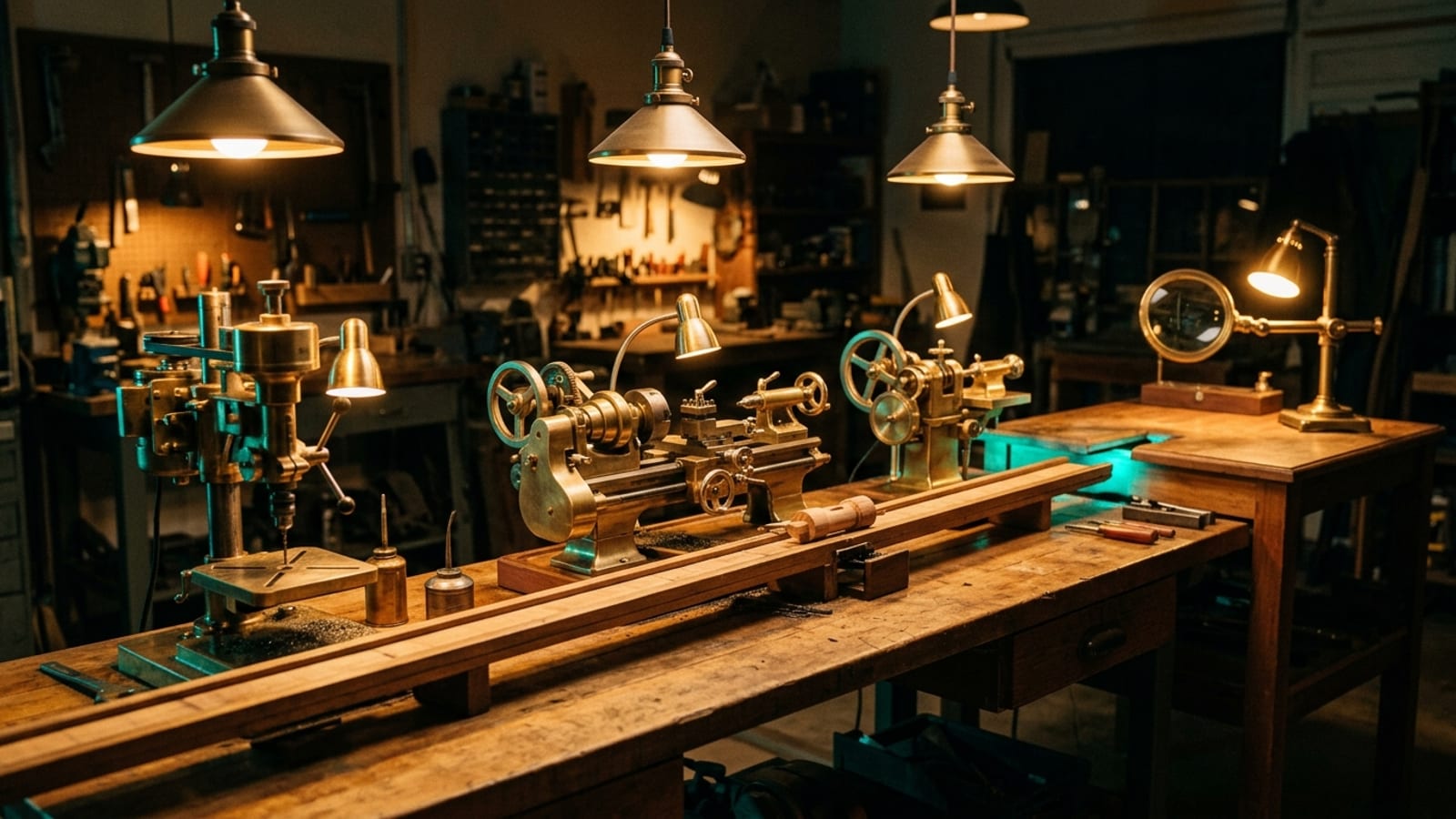 Drei Messingmaschinen in einer Reihe reichen ein Werkstück weiter, am Ende ein Prüftisch mit Lupe unter einer Lampe