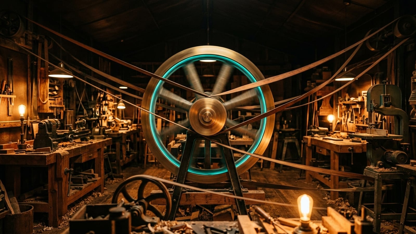 Ein großes Schwungrad aus Messing in der Mitte der Werkstatt, über Riemen mit allen Stationen verbunden, die Speichen leuchten Teal