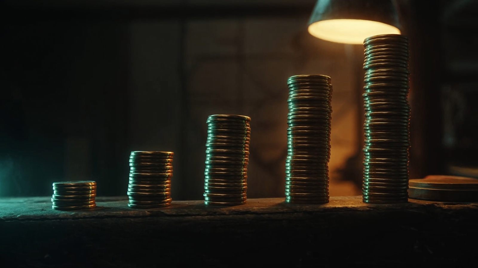 Fünf Säulen aus Messingscheiben auf einer Werkbank, jede höher als die davor, von einer Arbeitslampe beleuchtet