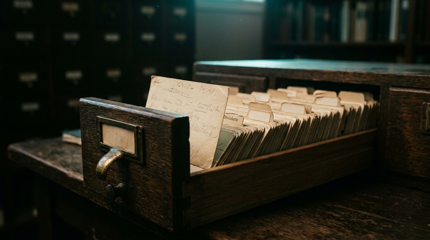 Geöffnete Karteikarten-Schublade eines Archivs, mit Reitern und Karteikarten