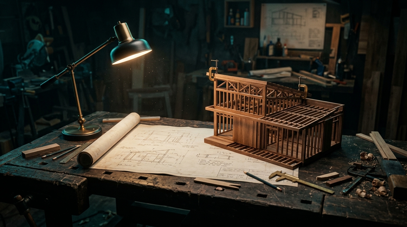 Architektur-Bauplan halb aufgerollt auf dunklem Werkstatt-Tisch