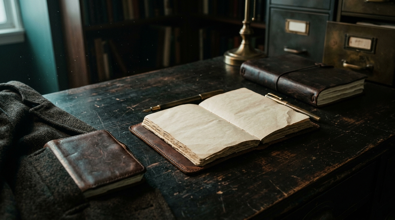 Drei Notizbücher an drei Orten: Hosentasche, Schreibtisch, Aktenschrank