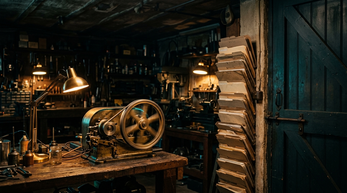 Lesson-Header: eine schnell laufende Maschine in der Werkstatt, davor ein Stapel unbearbeiteter Papiere an der Tür