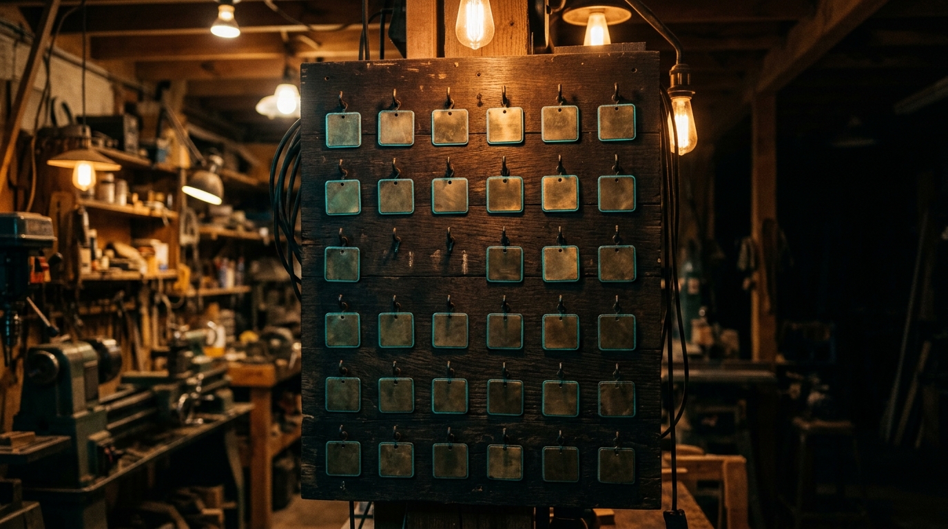 Step-Header: eine Wandtafel mit Messingschildern an Haken, einige Haken sind leer