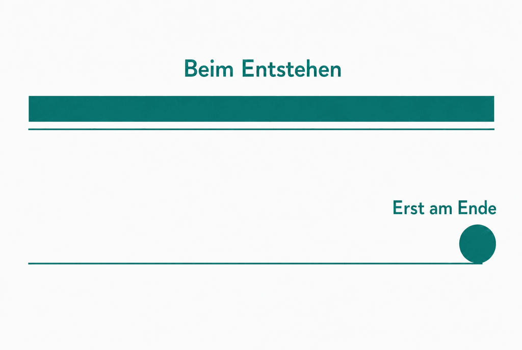 Schaubild: oben eine Regel, die ueber die ganze Strecke gilt, beschriftet mit Beim Entstehen, unten ein einzelner Pruefpunkt am Ende, beschriftet mit Erst am Ende