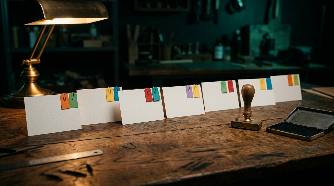 Karteikarten in einer Reihe auf der Werkbank, jede mit kleinen farbigen Etiketten, daneben Stempel und Stempelkissen