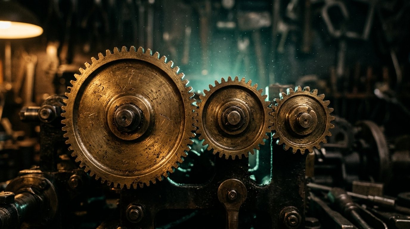 Ineinandergreifende Zahnräder einer alten Werkstattmechanik, warm beleuchtet