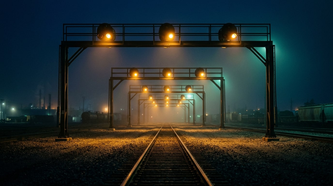 Step-Header: eine Bahnstrecke führt durch eine Reihe von Signalbrücken