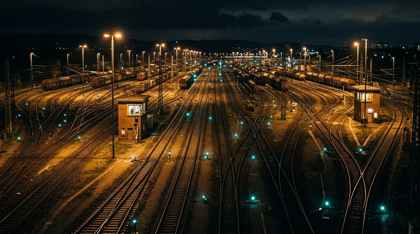 Step-Header: ein weitläufiger Rangierbahnhof bei Nacht mit mehreren Stellwerken