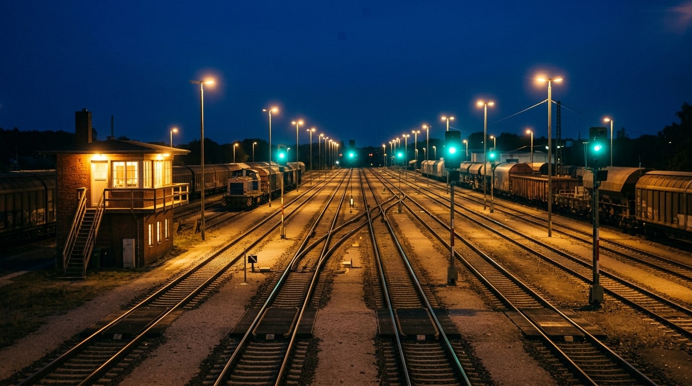 Step-Header: ein aufgeräumter Rangierbahnhof im Abendlicht, alle Signale zeigen frei