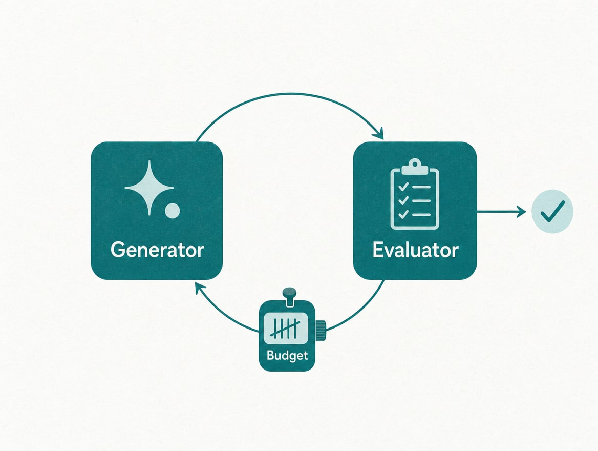 Schaubild Evaluator-Optimizer: Generator und Evaluator in einer Schleife mit Budget-Zähler, Ausgang zum Haken