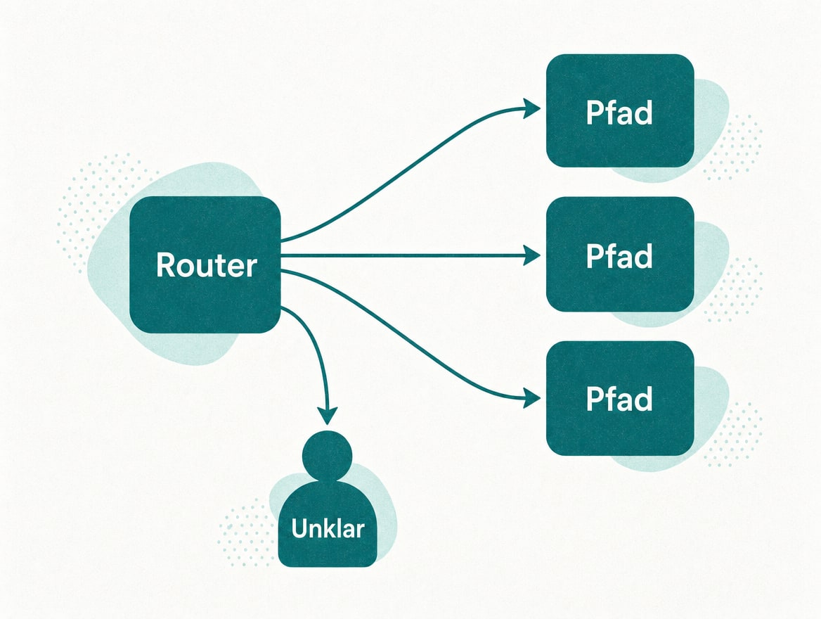 Schaubild Routing: ein Router verteilt auf drei Pfade, ein vierter Ausgang führt zum Menschen (Unklar)