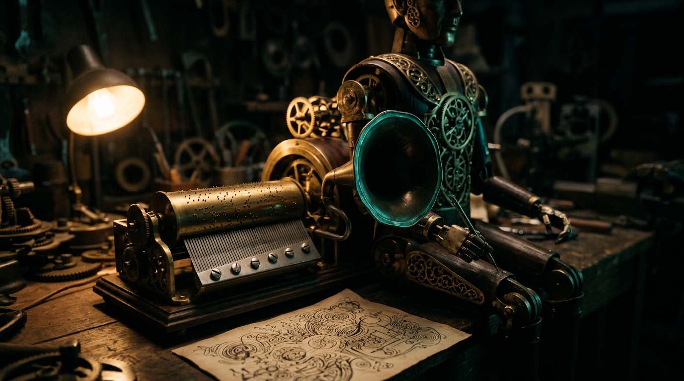 Am Schreibautomaten sind eine Musikwalze mit Klangkamm und ein Grammophon-Trichter angebaut