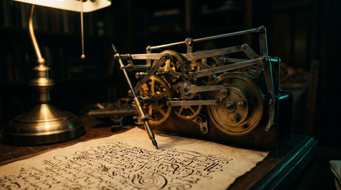 Die Schreibmechanik des Automaten mitten auf einer Seite, die Buchstabenwalzen drehen sich