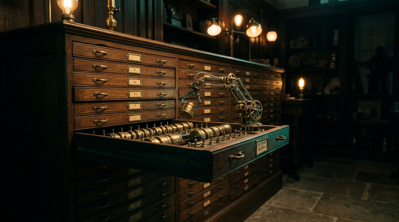Ein Archivschrank mit flachen Schubladen voller Nockenwalzen, eine Mechanik wählt eine Walze aus