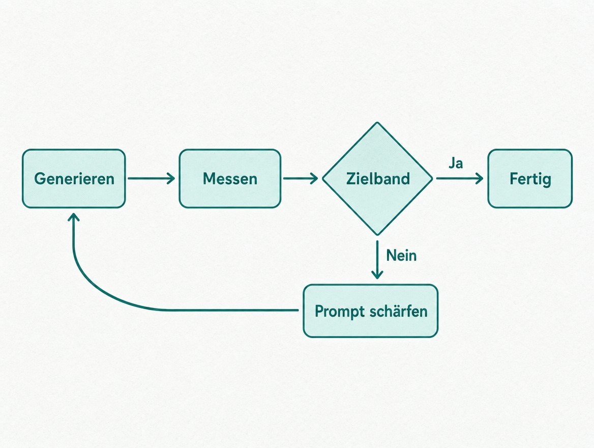 Schaubild: die Mess-Schleife der Bildgenerierung – generieren, messen, Zielband prüfen, bei Bedarf Prompt schärfen
